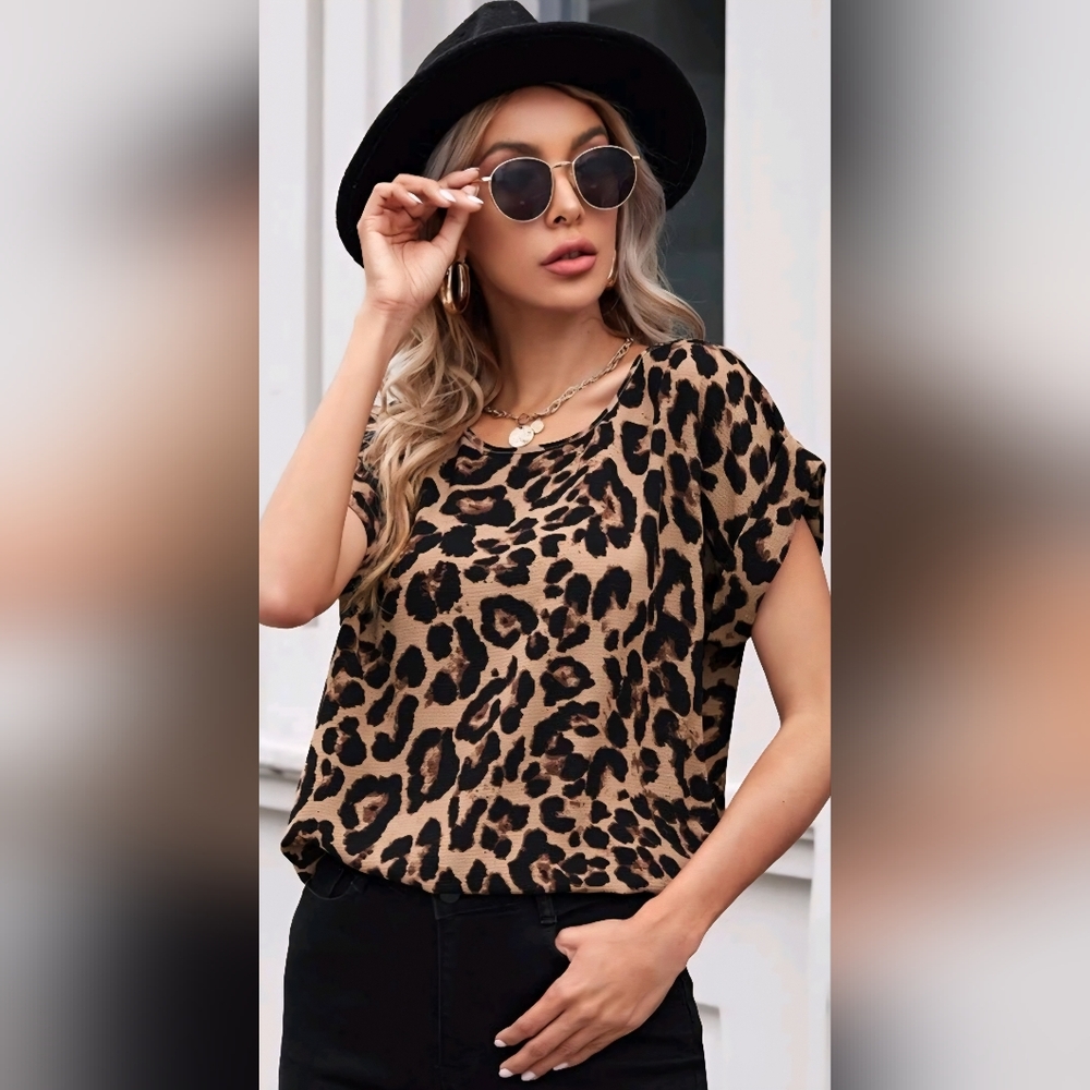 SHEIN Leopard Print Sheer Short Sleeve Top